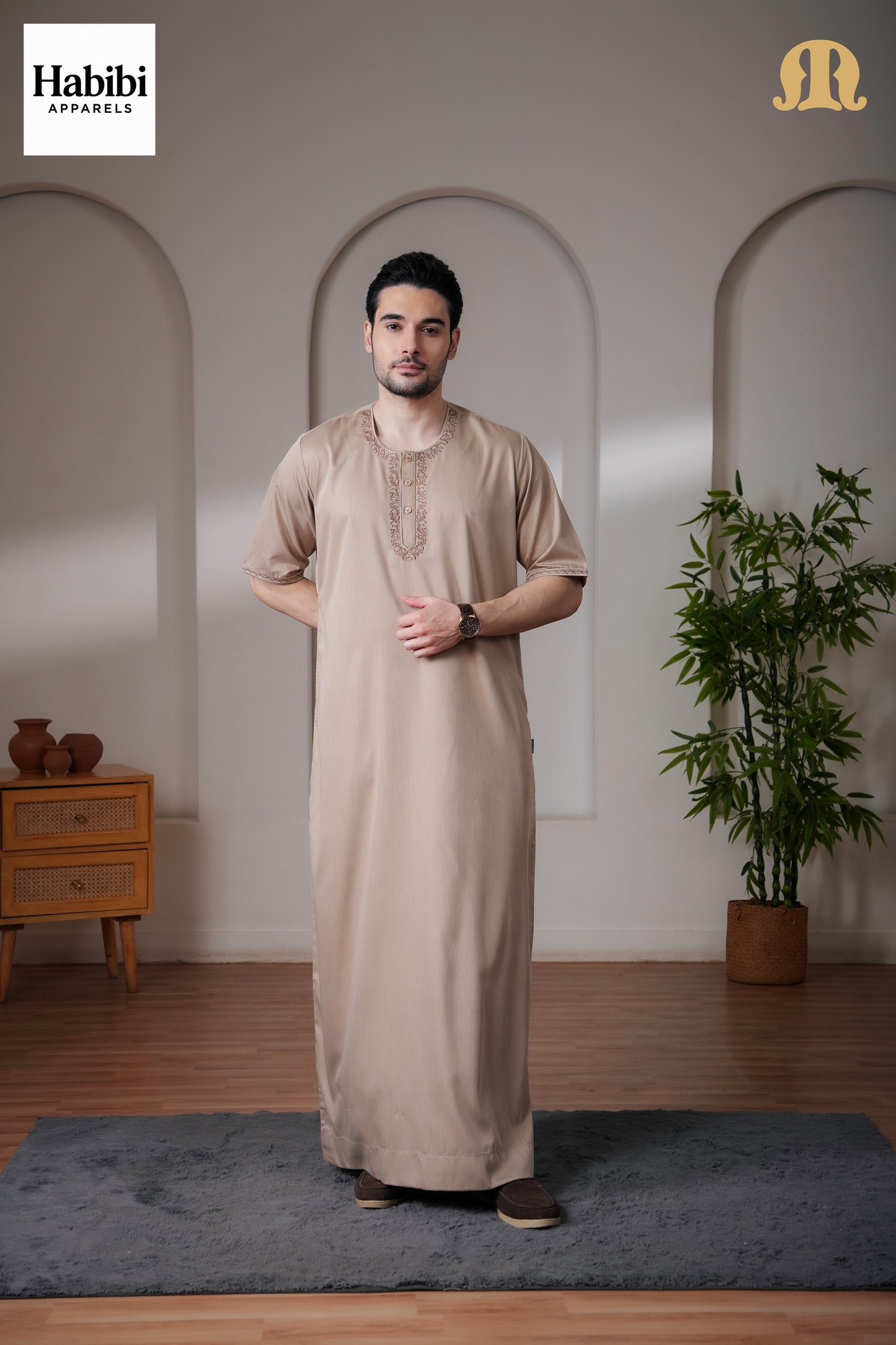 Beige Andak Half Sleeve Thobe Mens