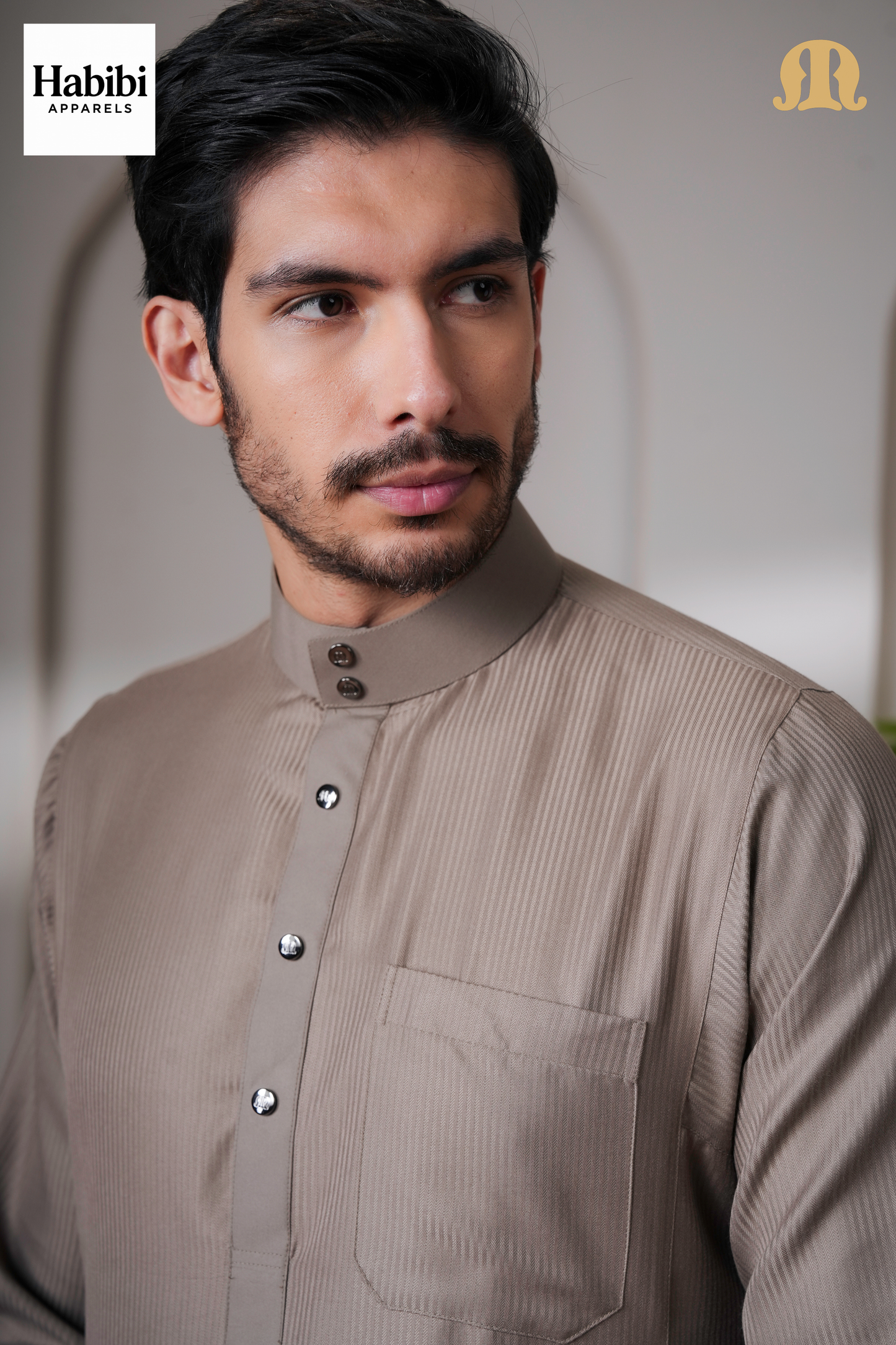 OZ Premium Saudi Striped Brown Thobe Mens