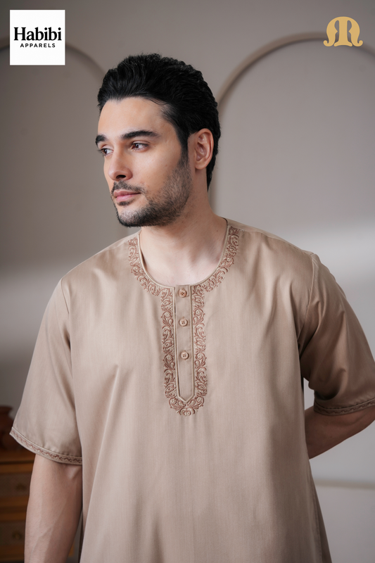 Beige Andak Half Sleeve Thobe Mens