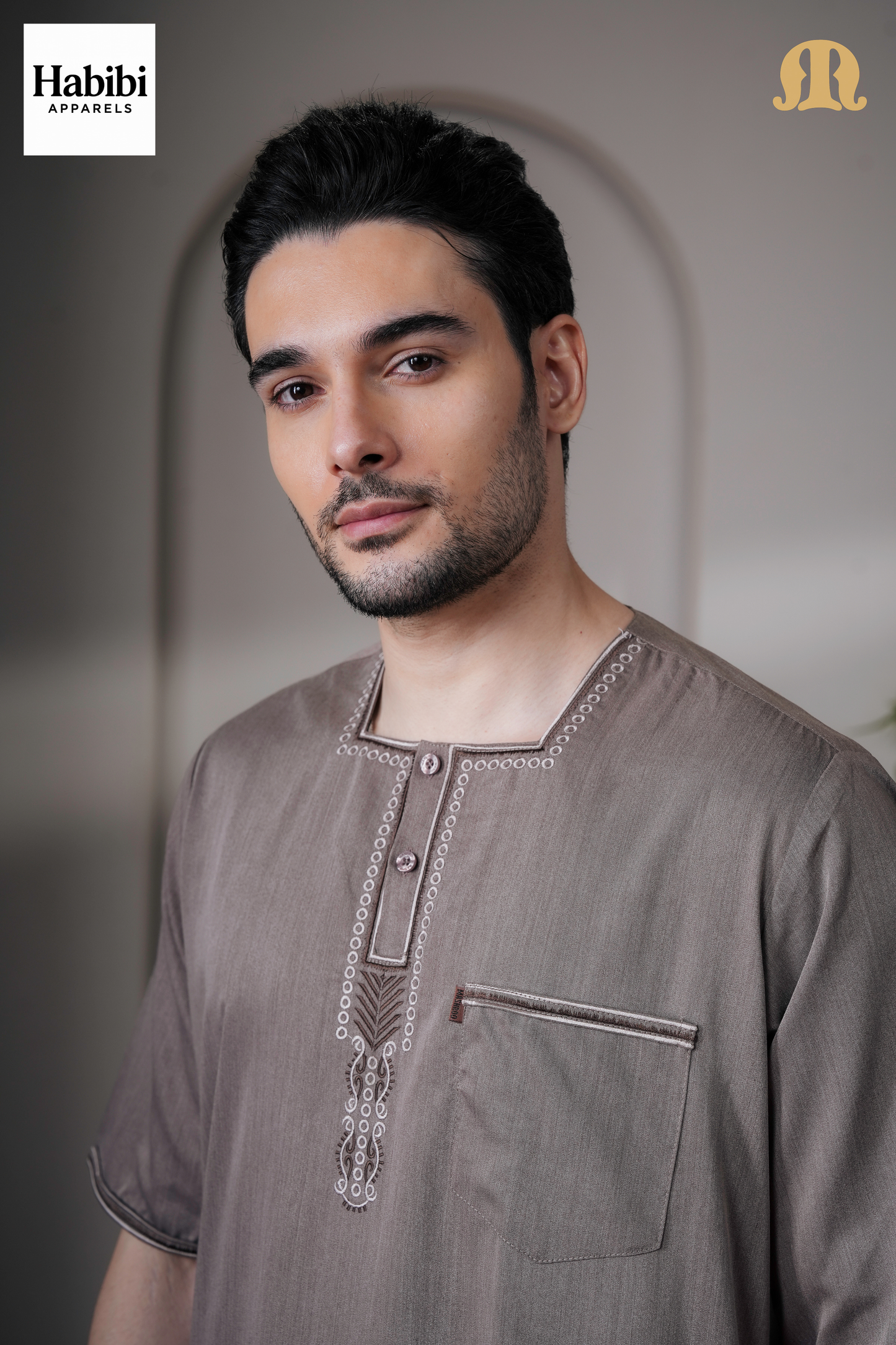 Daqiq Brown Half Sleeve Thobe Mens