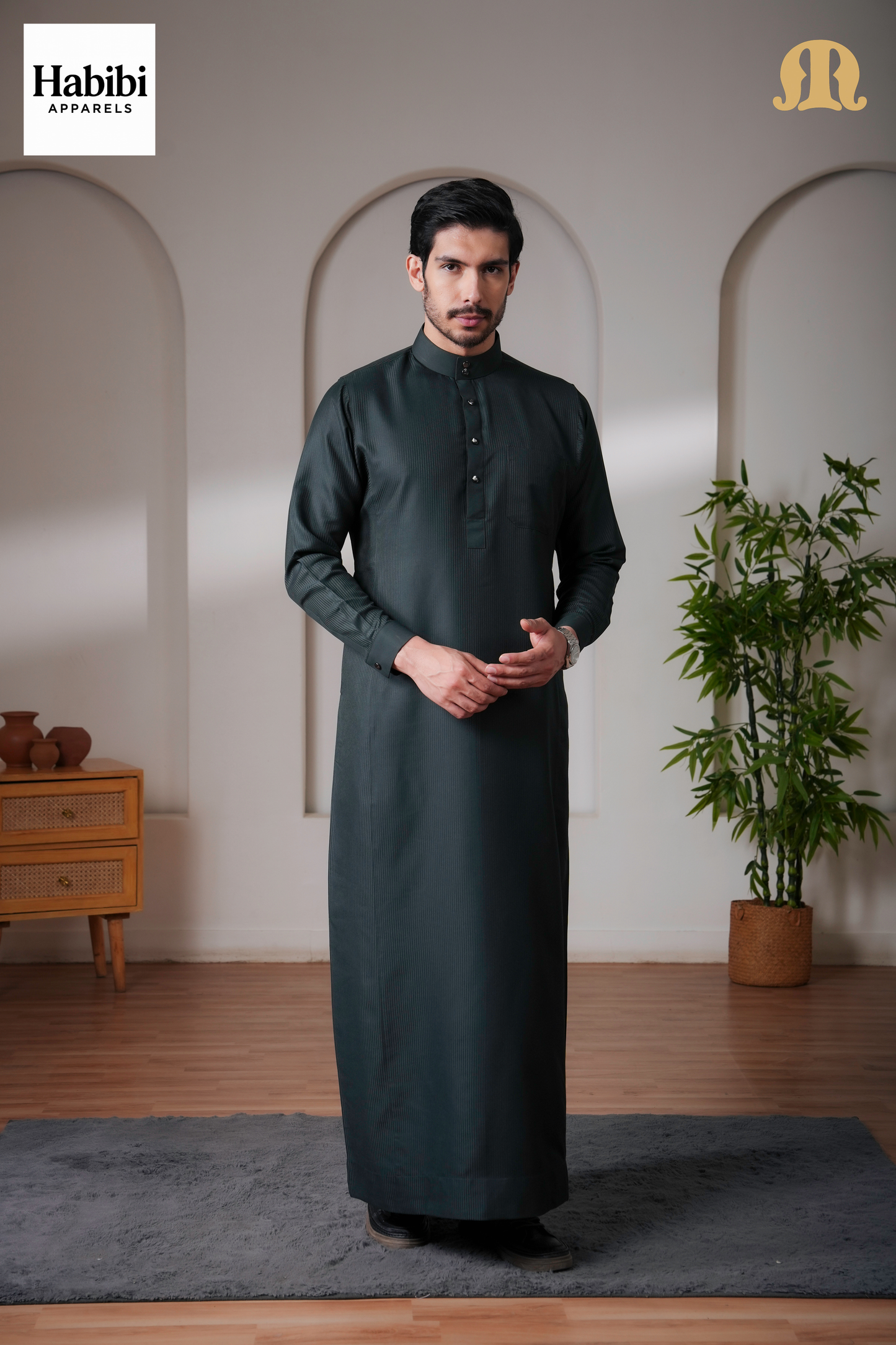 OZ Premium Saudi Striped Green Thobe Mens