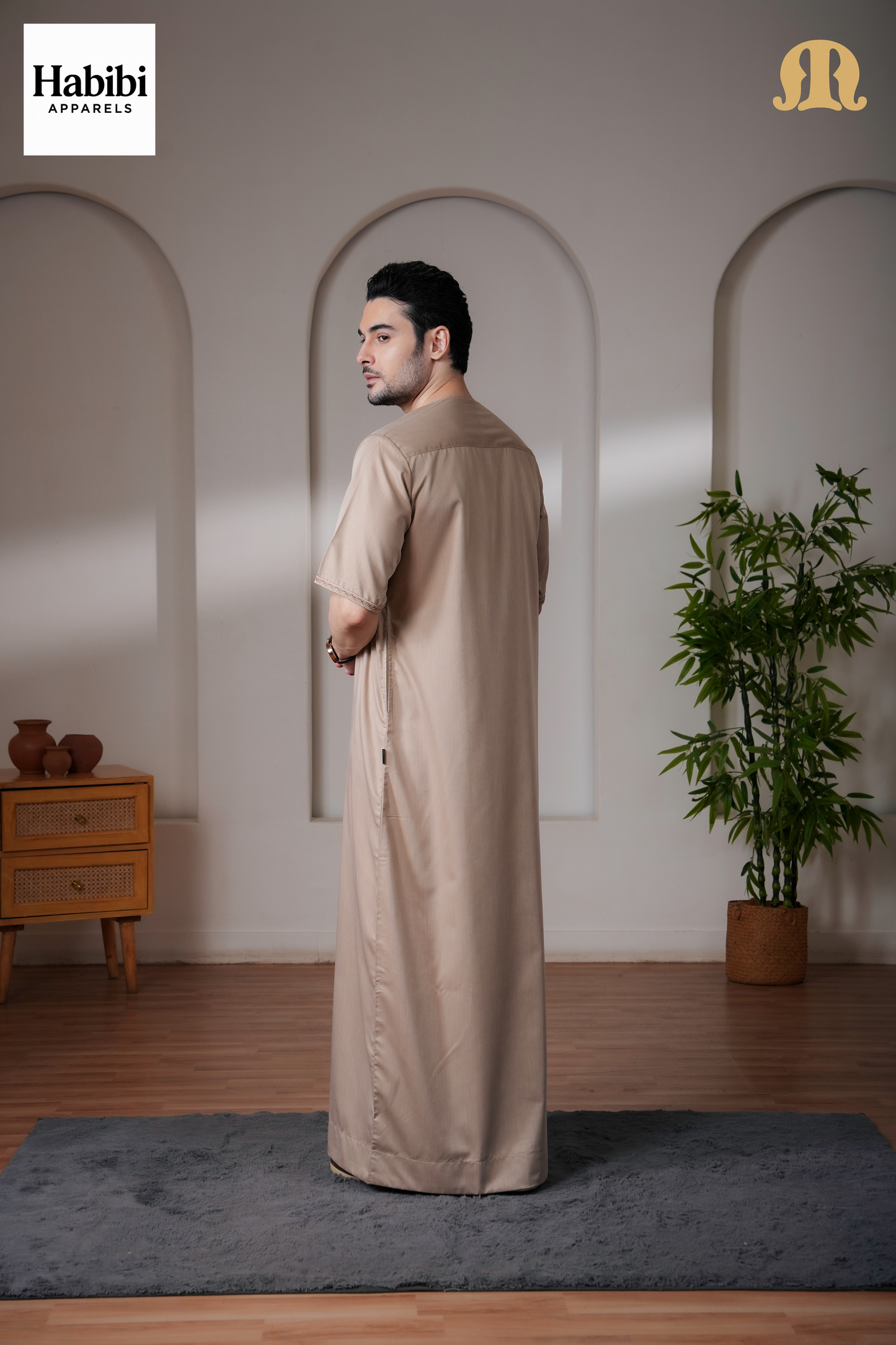 Beige Andak Half Sleeve Thobe Mens