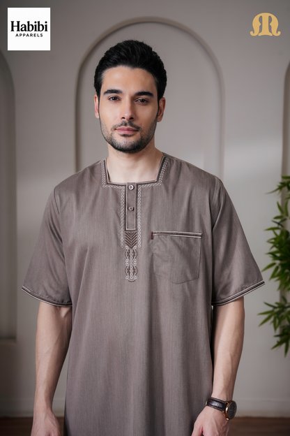 Daqiq Brown Half Sleeve Thobe Mens