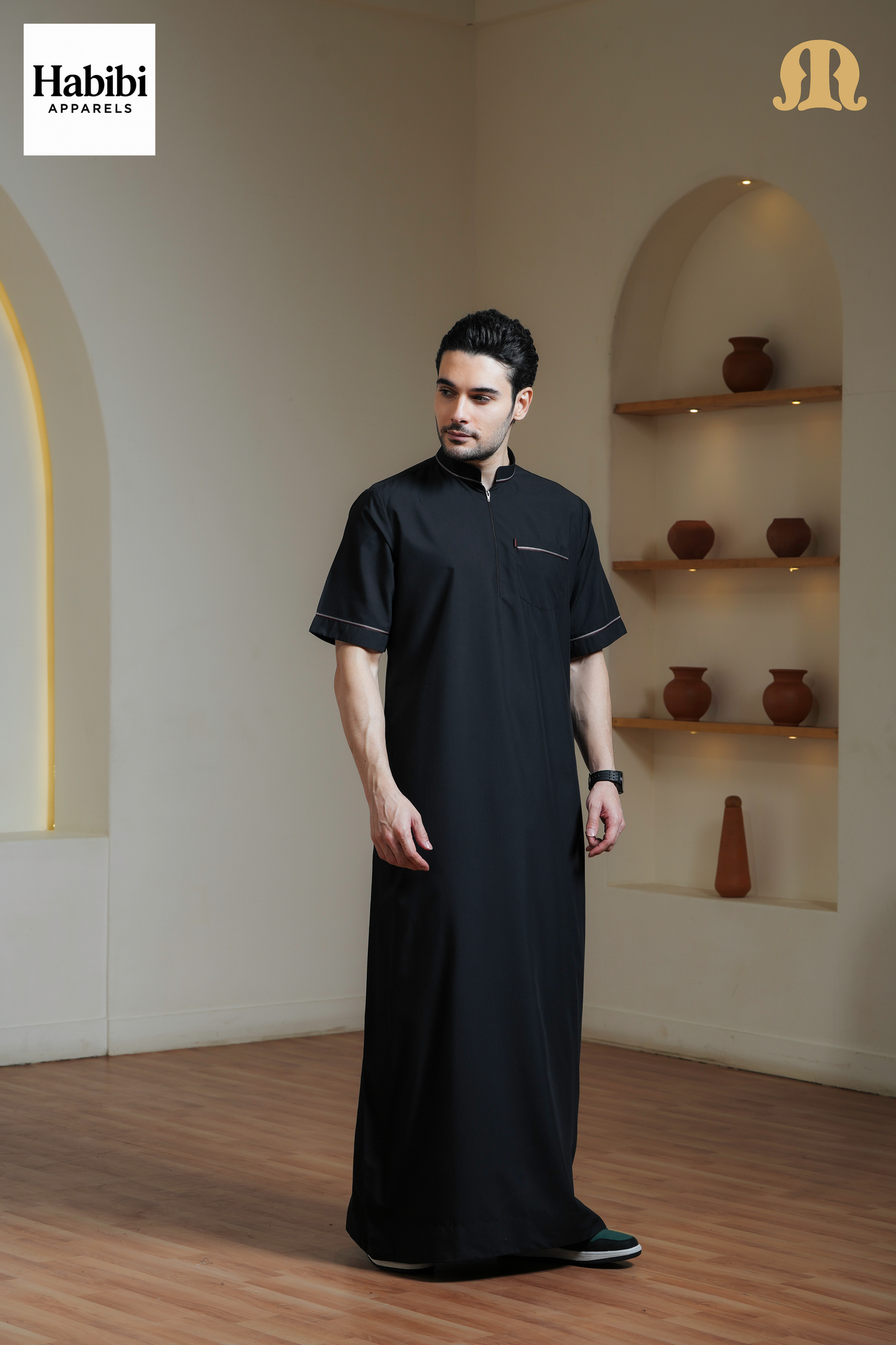 Black Basico Half Sleeve Thobe Men