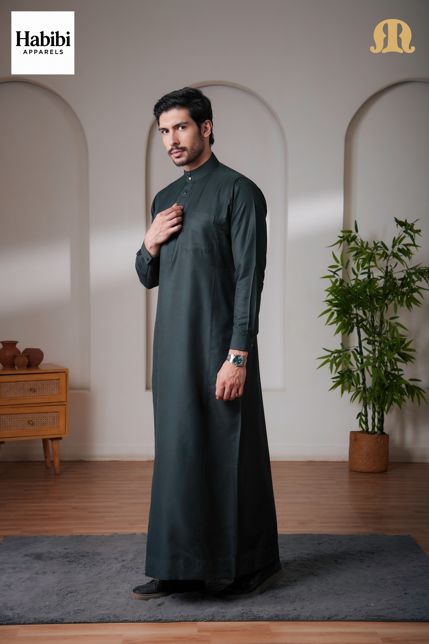 OZ Premium Saudi Striped Green Thobe Mens