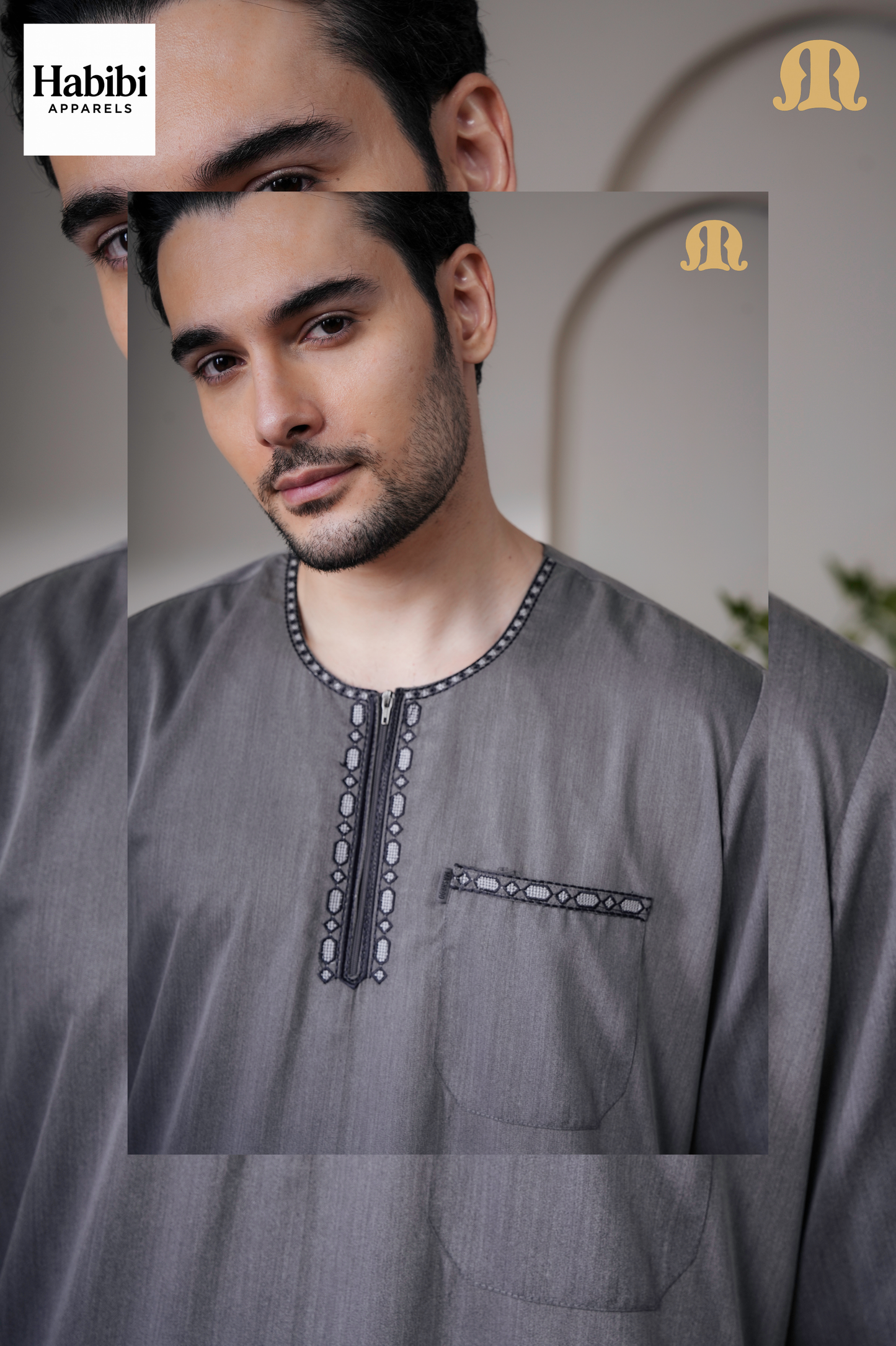 Grey Jazeb Half Sleeve Thobe Men