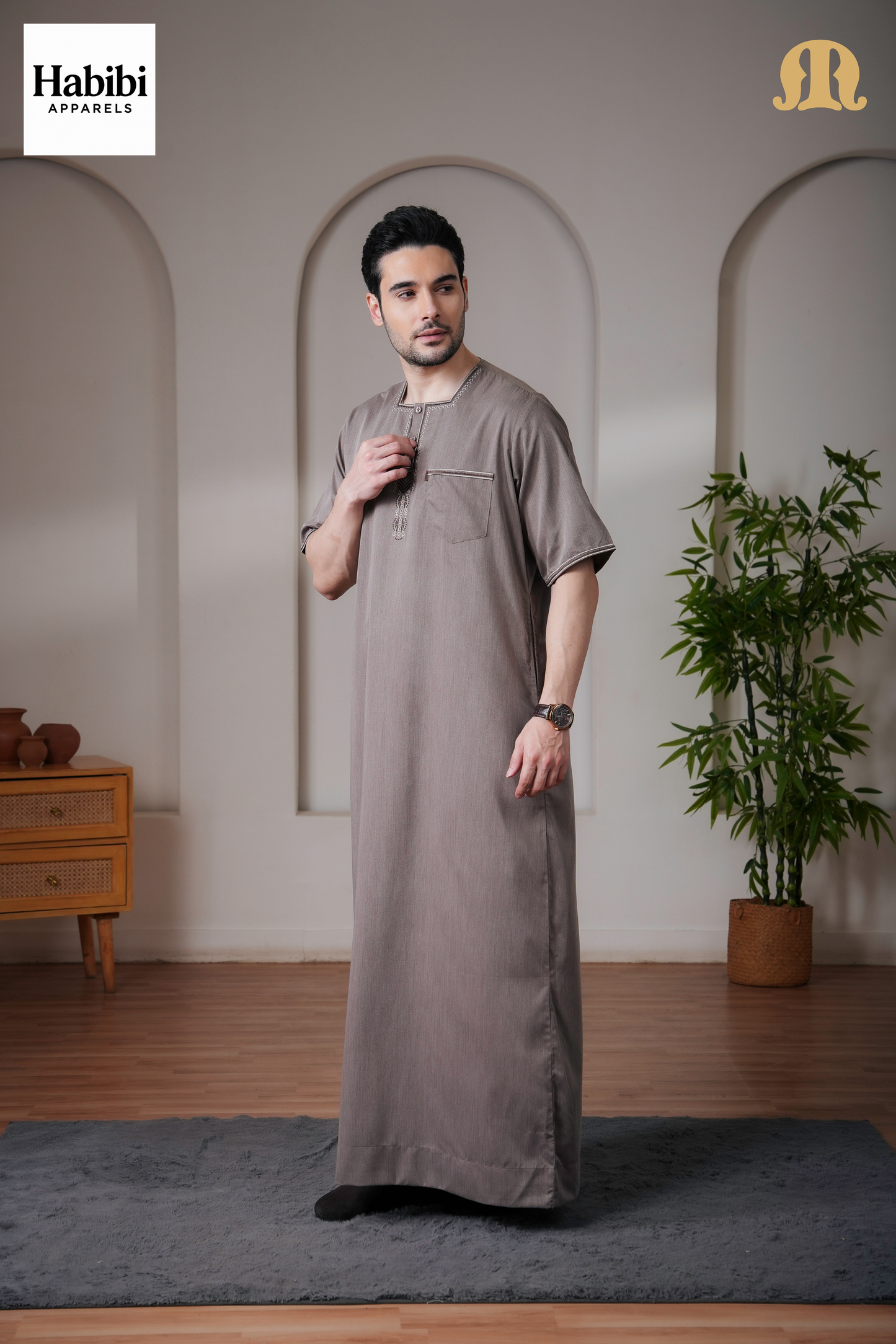 Daqiq Brown Half Sleeve Thobe Mens
