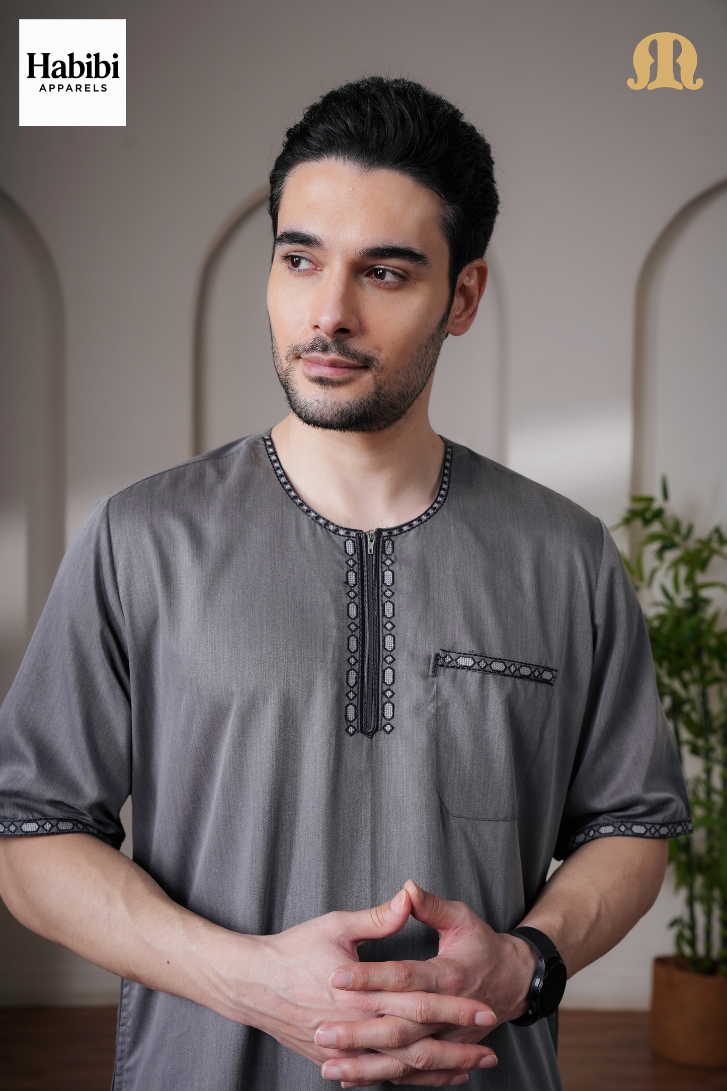 Grey Jazeb Half Sleeve Thobe Men
